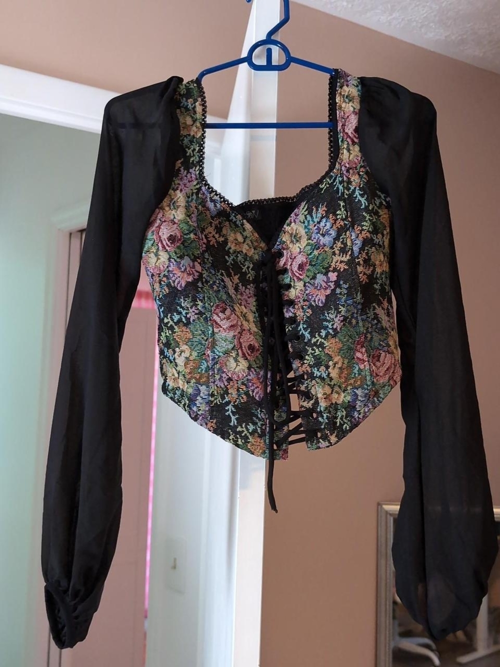 Widow Floral Lace-Up Bustier Top with Sheer Long Sleeves - Black Multi